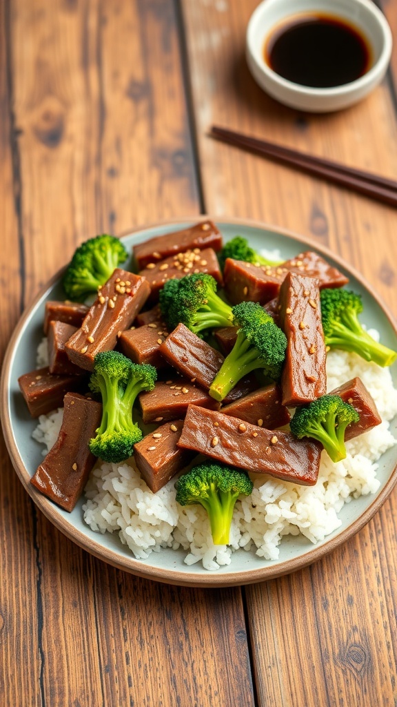 A colorful plate of air fryer beef and broccoli with rice, garnished with sesame seeds on a wooden table.
